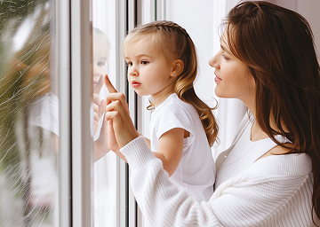 Family looking through a window